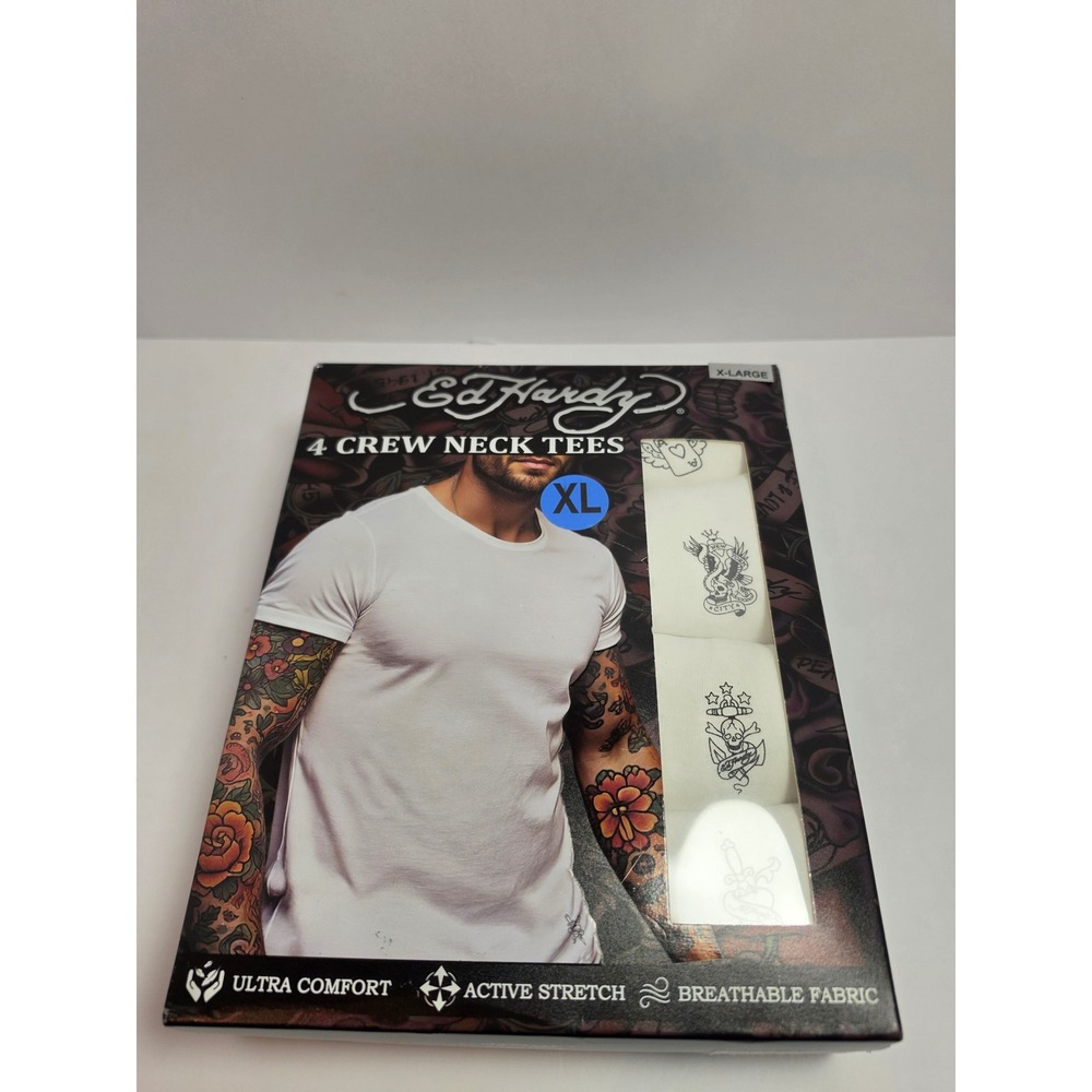 Ed Hardy Mens 4 Pack Crew Neck Tees White Graphic Tattoo Print XL New